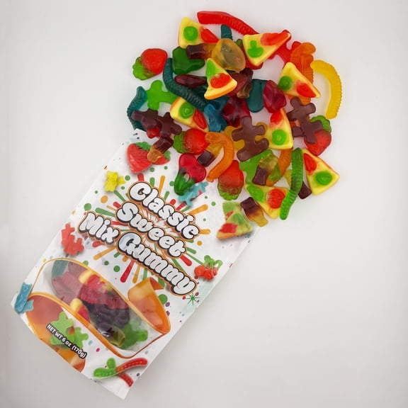 FirstChoiceCandy Sweet Mix Gummies ( Pizza, Assorted Solid color Gummy Worms, Happy Twin Cherries, 3D puzzle and Whole Strawberry, 6 Oz , Pack of 3 )