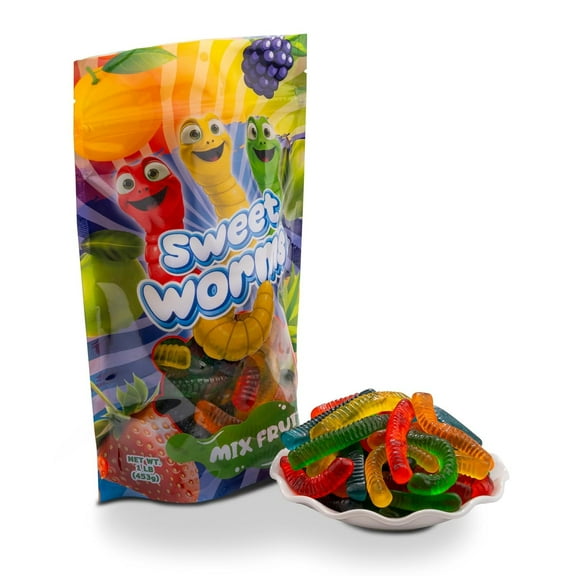 FirstChoiceCandy Sweet & Sour Gummy Worms, Multi Flavors and Solid Colors (1 Pound, Sweet Mix Fruit)