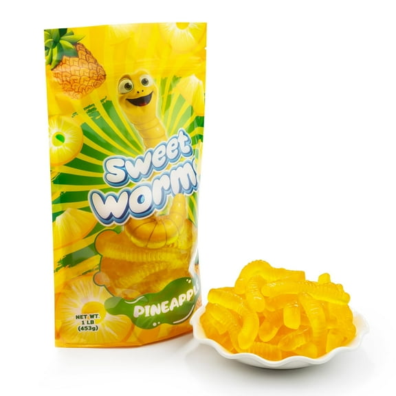 FirstChoiceCandy Sweet & Sour Gummy Worms, Multi Flavors and Solid Colors (1 Pound, Yellow Pineapple)