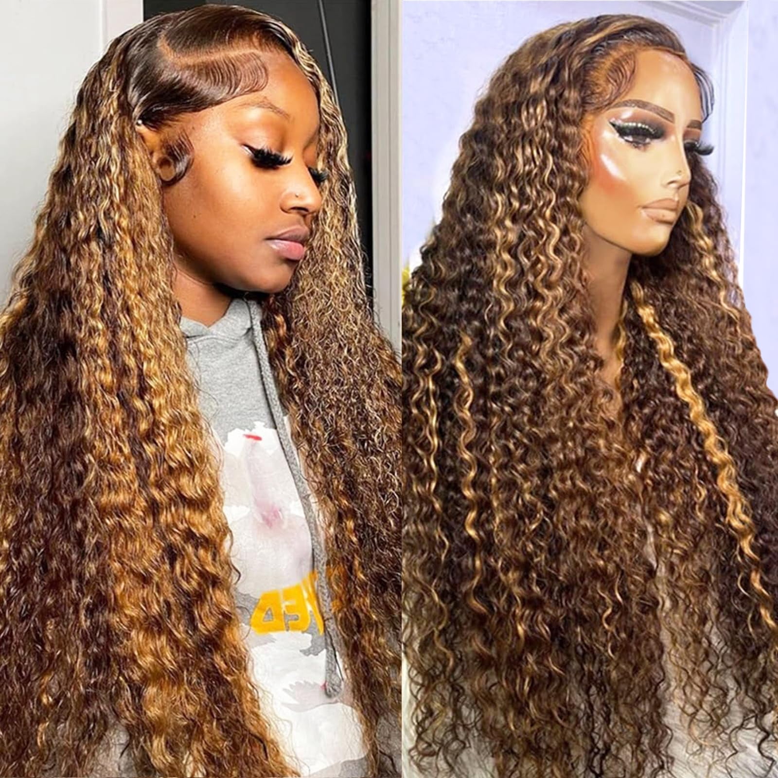 Firstbeauty Highlight Ombre Lace Front Wigs 100% Human Hair 4/27 180% Density Honey Blonde Water wave Wig Human Hair Lace Frontal Wigs 20inch Pre Plucked Wet and Wavy Curly Wigs