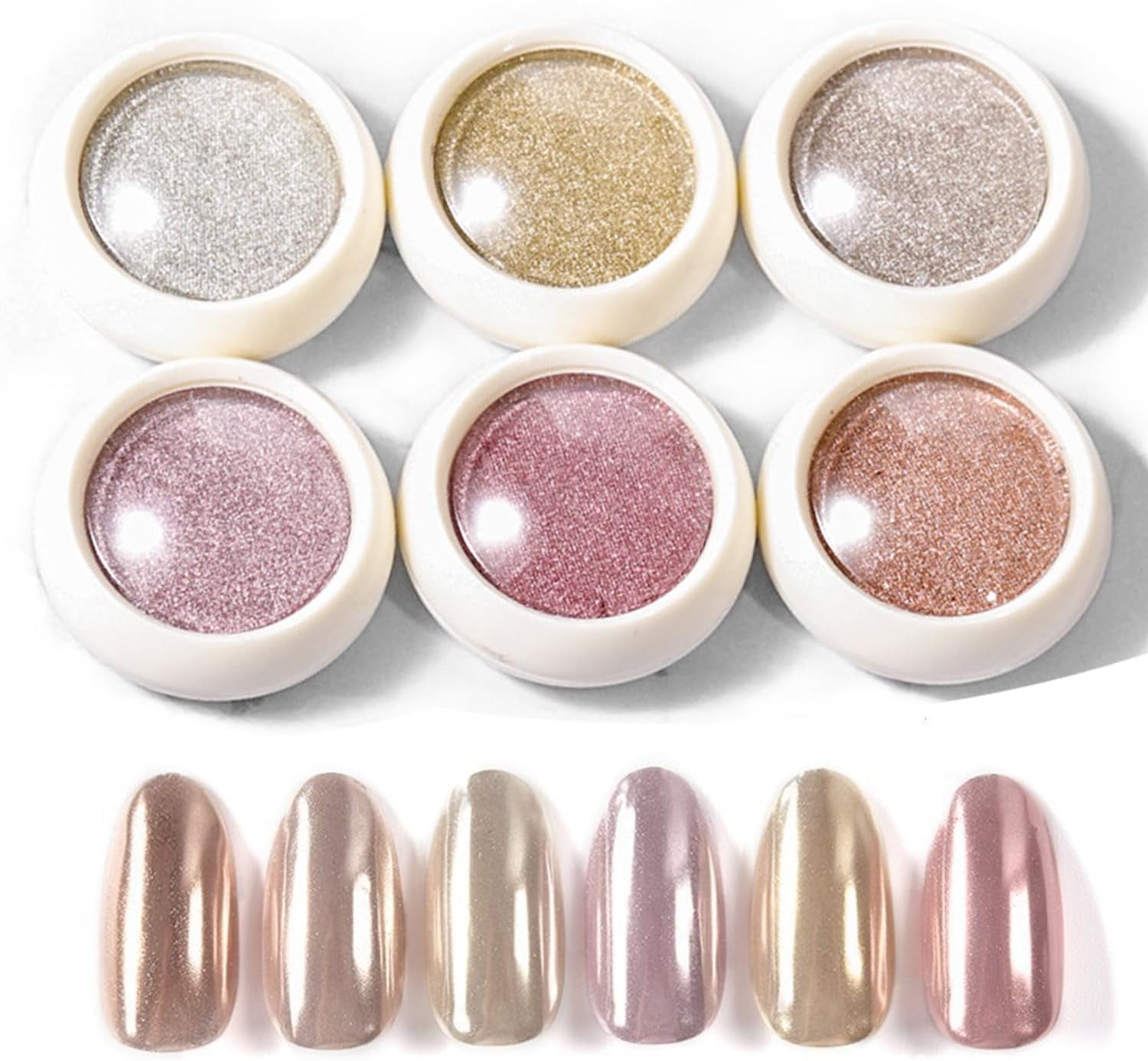 Firstfly 6 Colors Metallic Mirror Chrome Nail Powder, Rose Gold Champagne Nail Powder for Gel Polish Nails Art, Holographic Pigment Chameleon Glitters Manicure Dust for Nails Decoration