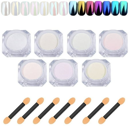 Firstfly 7 Colors White Pearl Chrome Dust Nail Powder, Aurora Metallic Holographic Mirror Effect Iridescent Shell Powder Glitter Shimmer Mermaid Art Pigment Manicure Powder for Nails Decoration