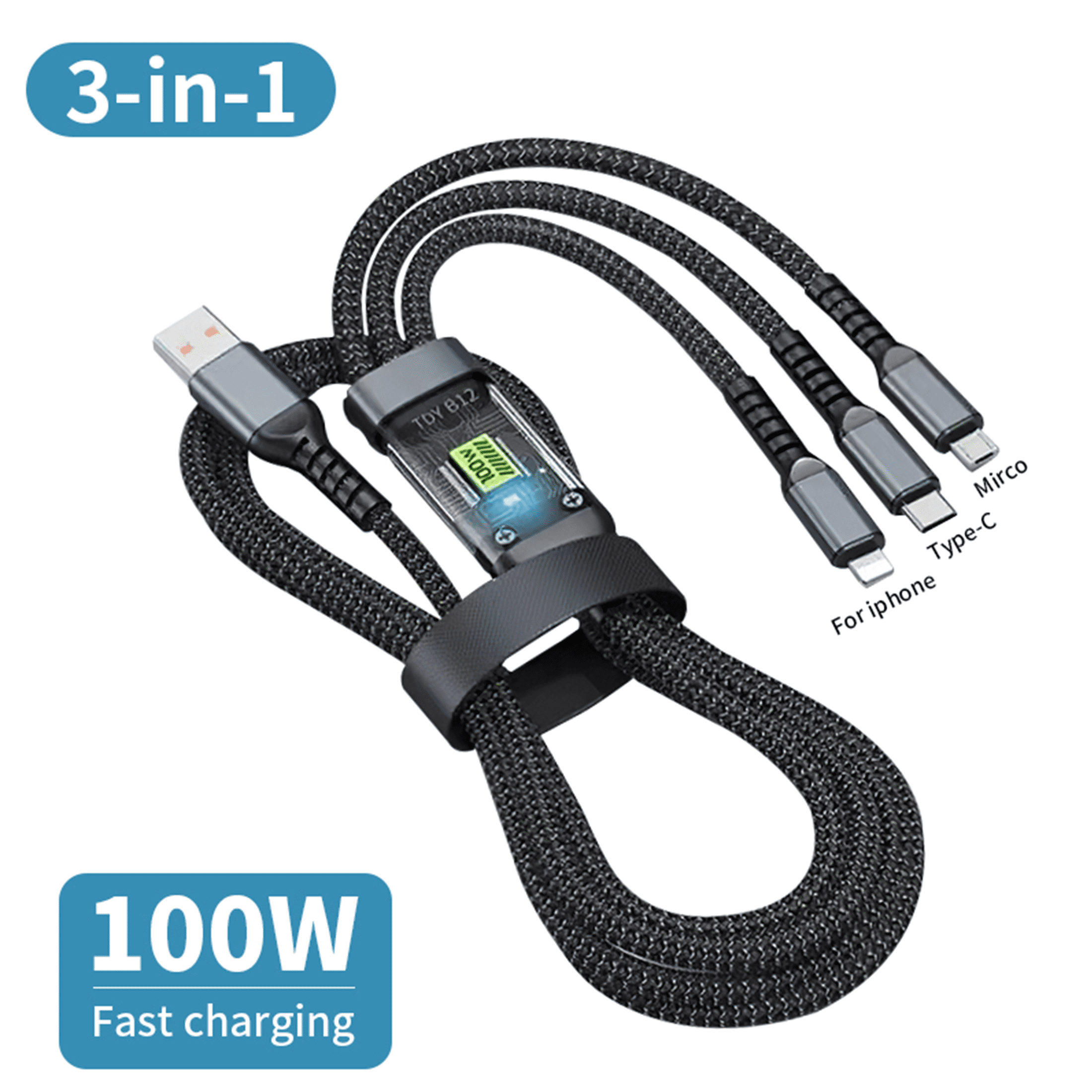Firsting 100W 3-in-1 USB Charger Cord Cell Phone Charging Cable Fast Charging Data Cable, Black