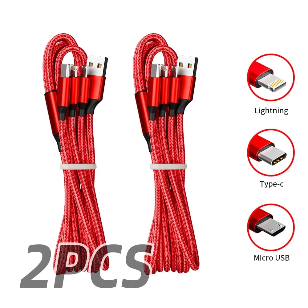 Firsting 4FT 3-in-1 USB Cell Phone Universal Charging Cable Fast Charge Data Cable 2PCS, Red