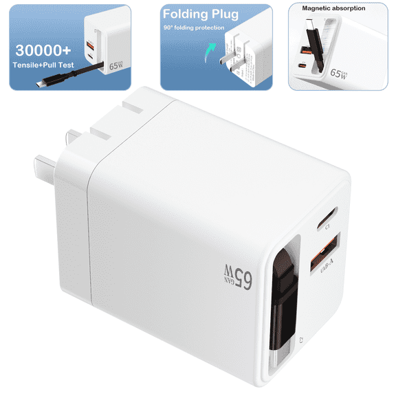 Firsting 3-in-1 65W Fast Charging Power Adapter USB C Wall Charger,USB A Charger Block, PD Power Adapter + QC Wall Plug Multiport Type C Charging Block Cube Compatible with iPhone, Android, White