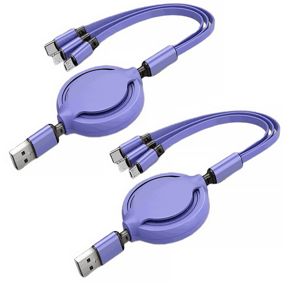 Firsting 3 in 1 Fast Charging Cable Retractable Charger Cord USB Type C Data Cable, 2PCS, Purple
