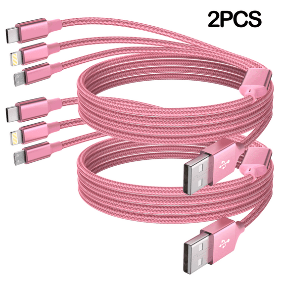 Firsting 3-in-1 USB Cell Phone Charge Cord Charging Cable Fast Charge Data Cable 2 PCS Pink