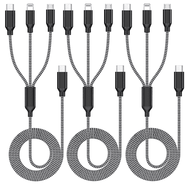 Firsting 4FT 3-in-1 Type C Charging Cable Charging Cord Fast Charge Data Cable, 3PCS, Black Gray