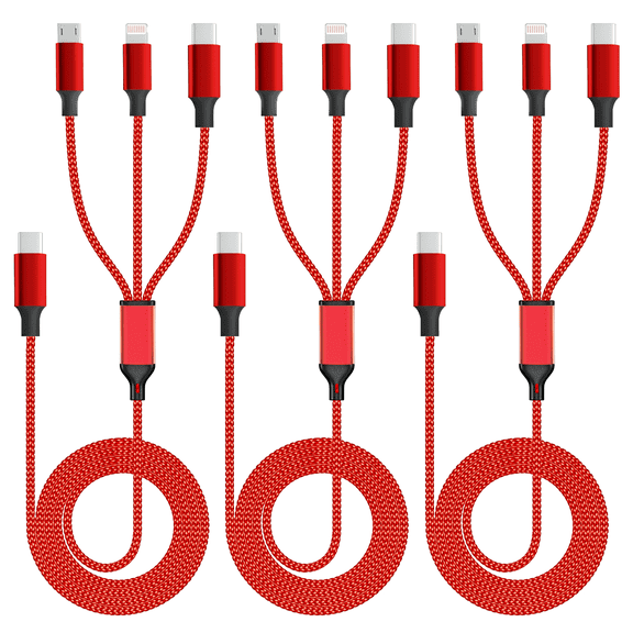 Firsting 4FT 3-in-1 Type C Charging Cable Lightning Charging Cord Fast Charge Data Cable, 3PCS, Red