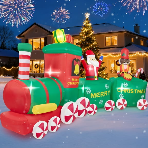 Firstness 10ft Christmas Inflatable Xmas Blow up Outdoor Decoration Inflatable Christmas Train with Santa Claus Black Nutcracker with LED Lights