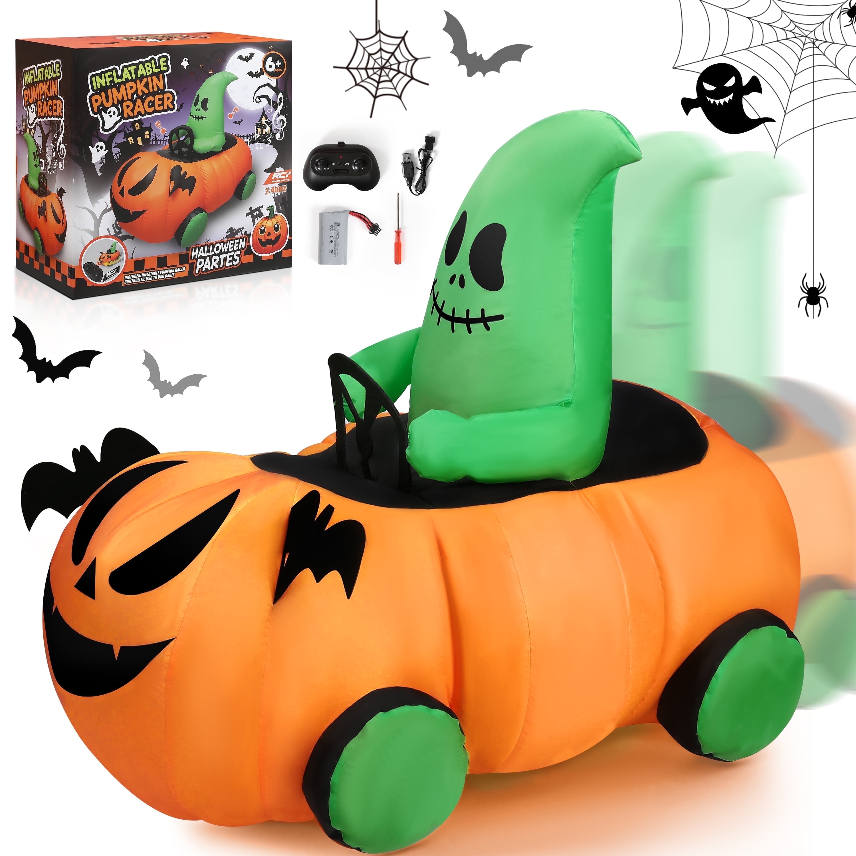 Firstness 2.4 GHz Halloween Inflatables Ghost Pumpkin Remote Control Car with 360Rotation, Halloween Electric Blow up Spooky Toy for Ages 6+ Gifts