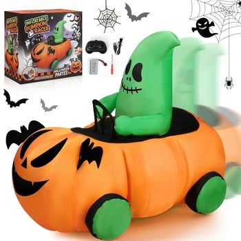 Firstness 2.6ft Remote Control Halloween Inflatable Pumpkin Ghost Car, Moving Blow up Halloween Decoration Toy for Kids, Indoor Outdoor Yard, Orange Green