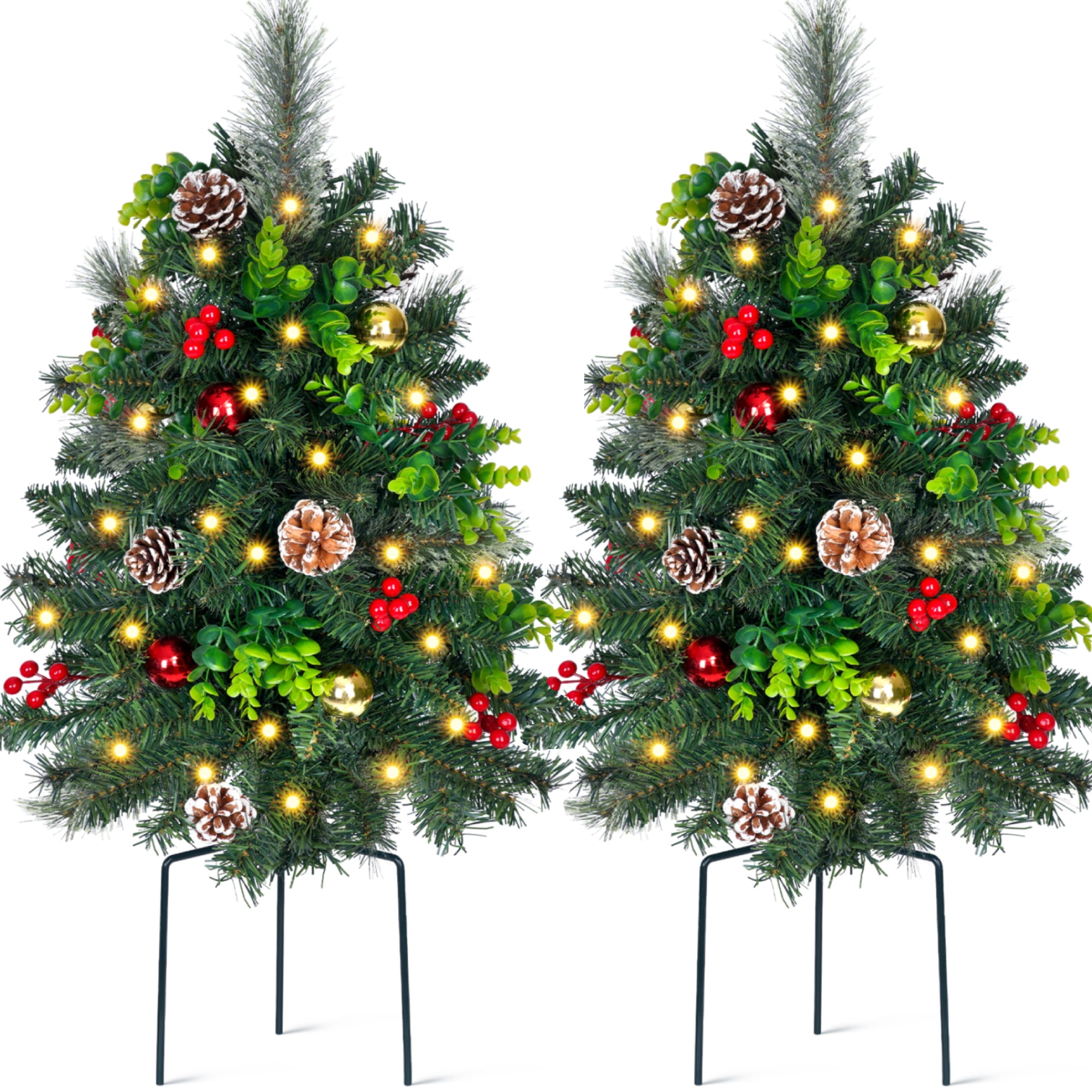 Firstness 2Pcs Pre-Lit Pathway Christmas Trees, 2.5Ft Outdoor Small Xmas Trees for Yard, Garden & Walkway