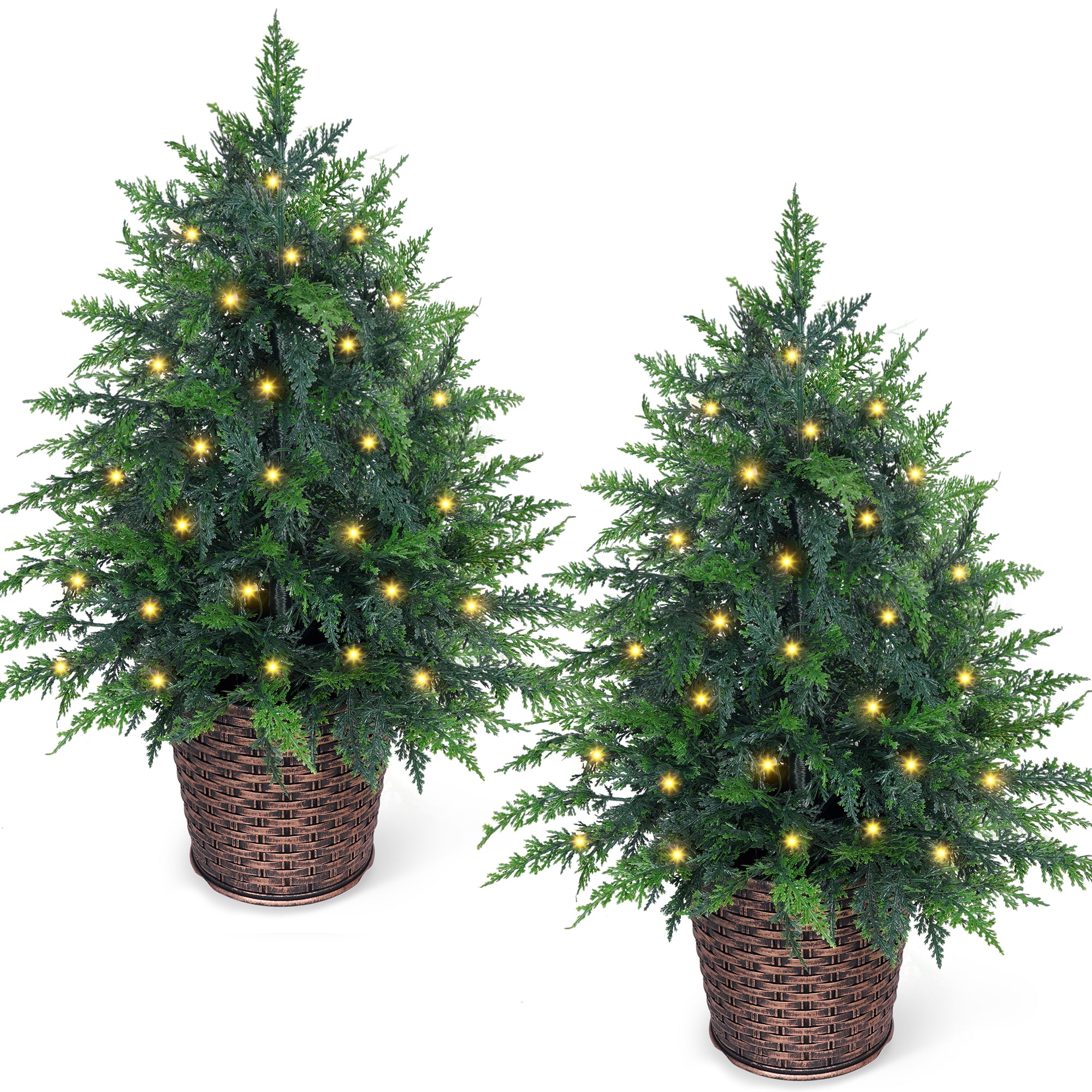 Firstness 2Pcs Pre-Lit Potted Christmas Trees with 8 Lighting Modes, 2Ft PE Artificial Small Xmas Trees for Porch Entryway Indoor Outdoor Decor