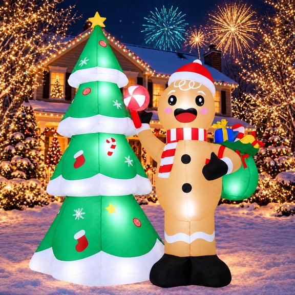 Firstness 6.3ft Tall Christmas Inflatables, Gingerbread Man and Christmas Tree Blow ups with LED Lights for Outdoor Yard Lawn Decorations
