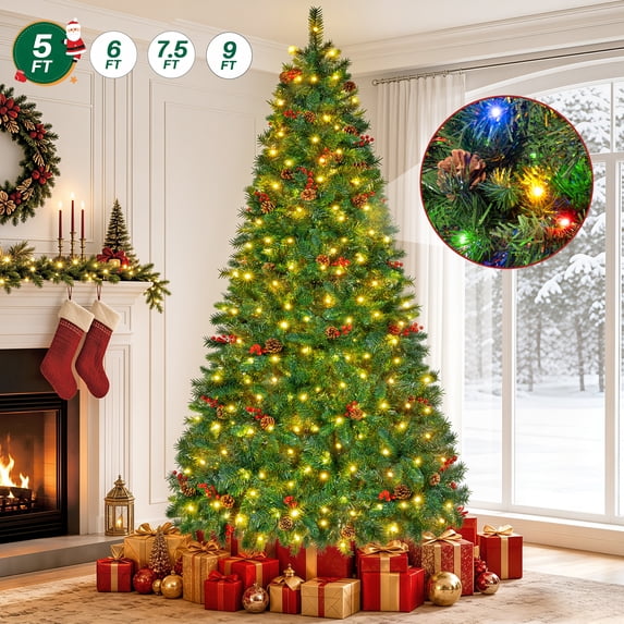 Firstness 5ft Pre-Lit Artificial Christmas Tree with 11 Lighting Modes, Xmas Tree with 625 Branch Tips,Pine Cones and Red Berries