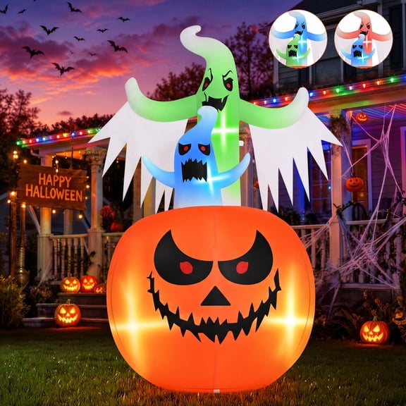 Firstness 6ft Tall Halloween Inflatable,Ghosts Pumpkin with Colorful Flashing Lights,Blow ups Halloween Outdoor Decorations