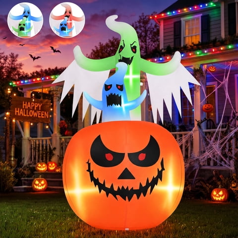Firstness 6ft Tall Halloween Inflatable,Ghosts Pumpkin with Colorful Flashing Lights,Blow ups Halloween Outdoor Decorations