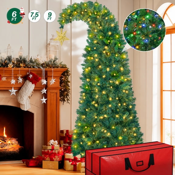 Firstness 6FT Christmas Tree Crooked Neck, Prelit Artificial Xmas Tree with 250 Colorful Lights & 11 Modes, 825 Branch Tips, PVC Bendable Top Christmas Tree for Home Shop Office Holiday Decor