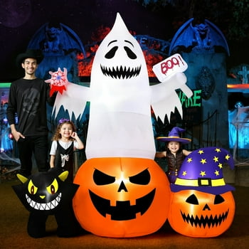 Firstness 6FT Halloween Inflatable Pumpkin Ghost Cat with Lights,Outdoor Yard Party Decorations
