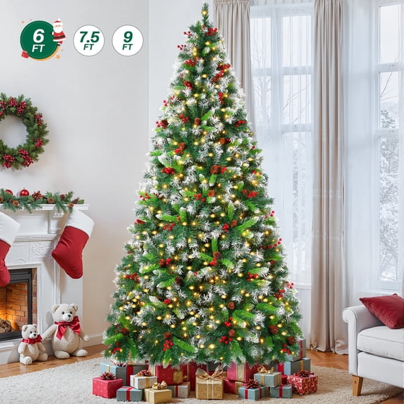 Firstness 6ft Pre-Lit Artificial Christmas Tree,Green Xmas Tree with 1000 Branch Tips 300 LED Lights,Pine Cones + Red Berries