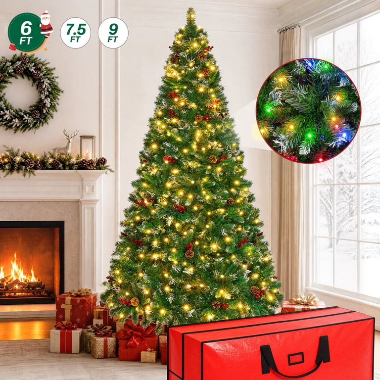 Firstness 9ft Pre-Lit Artificial Christmas Tree with Storage Bag, Warm & Multicolor Xmas Tree with 2300 Branch Tips,Pine Cones + Red Berries