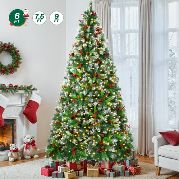Firstness 6ft Pre-Lit Artificial Christmas Tree,Green Xmas Tree with 1000 Branch Tips 300 LED Lights,Pine Cones + Red Berries