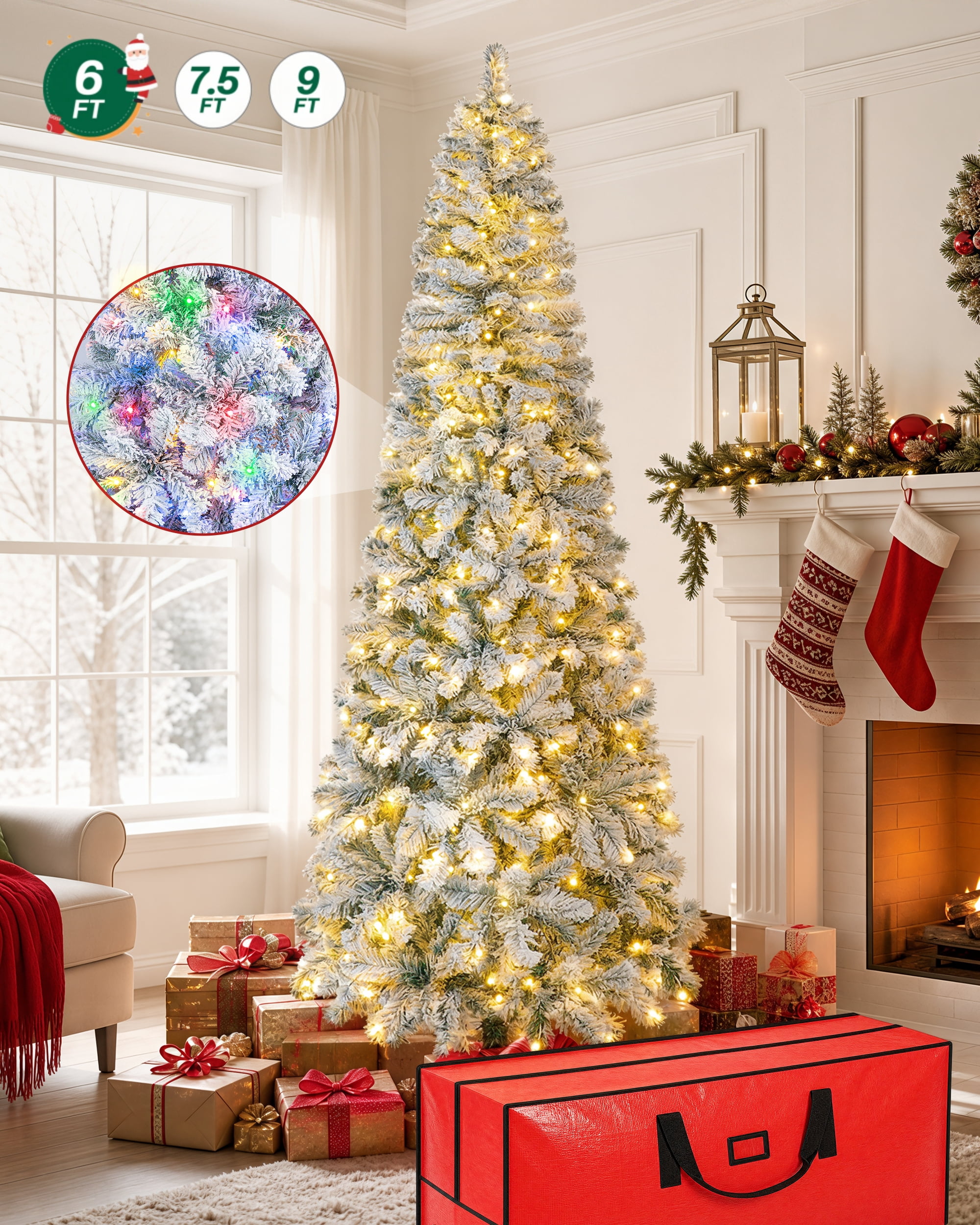 Firstness 6ft Pre-Lit Artificial Christmas Tree with 11 lighting Mode, Snow Flocked Pencil Xmas Tree with Storage Bag