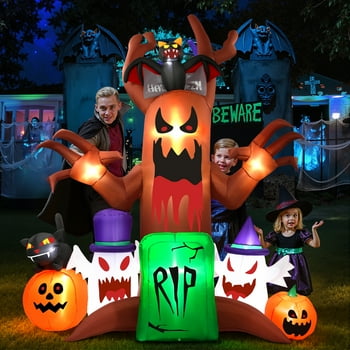 Firstness 9ft Halloween Inflatable Pumpkins Ghost Trees with Lights Yard Party Outdoor Decorations