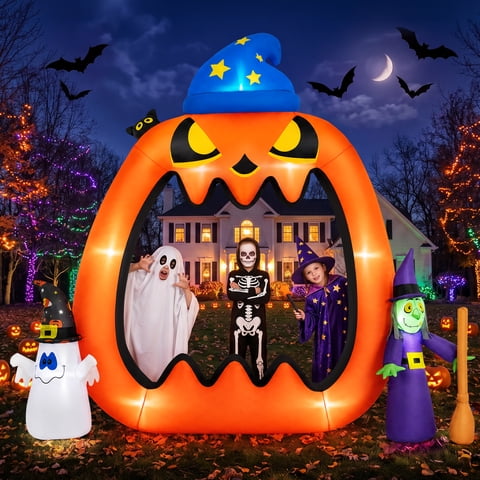 Firstness 8.2ft Halloween Inflatable Pumpkins Photo Door with Ghost Witch Yard Party Outdoor Decorations with LED Lights