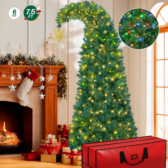 Firstness 7.5Ft Christmas Tree Crooked Neck, Prelit Artificial Xmas Tree with 400 Colorful Lights & 11 Modes, 1350 Branch Tips, Storage Bag, PVC Bendable Top Christmas Tree