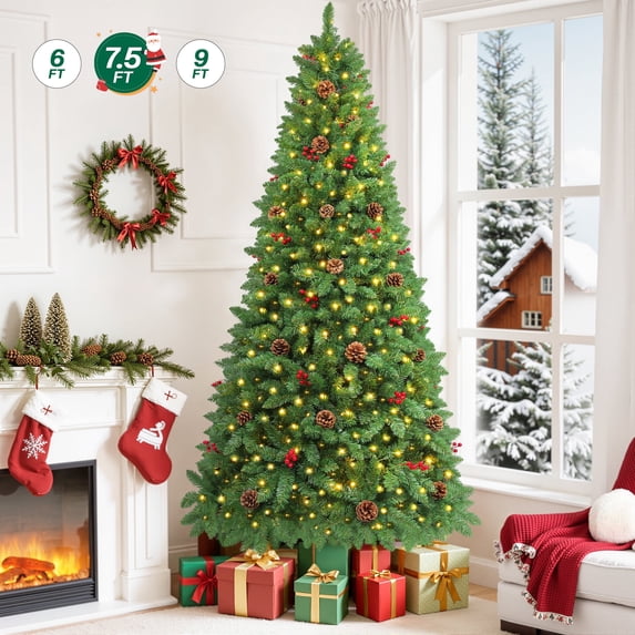 Firstness 7.5ft Pre-Lit Artificial Christmas Tree,Green Xmas Tree with 450 Lights and 1300 Branch Tips,Pine Cones and Red Berries