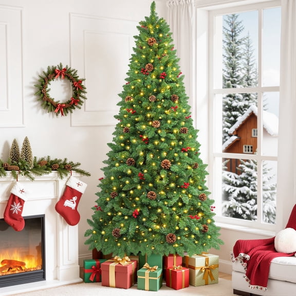Firstness 9ft Pre-Lit Artificial Christmas Tree,Green Xmas Tree with Lights and Branch Tips,Pine Cones and Red Berries