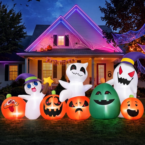Firstness 7ft Long Halloween Inflatable with Lights,Pumpkin Ghost Blow ups for Outdoor Decorations