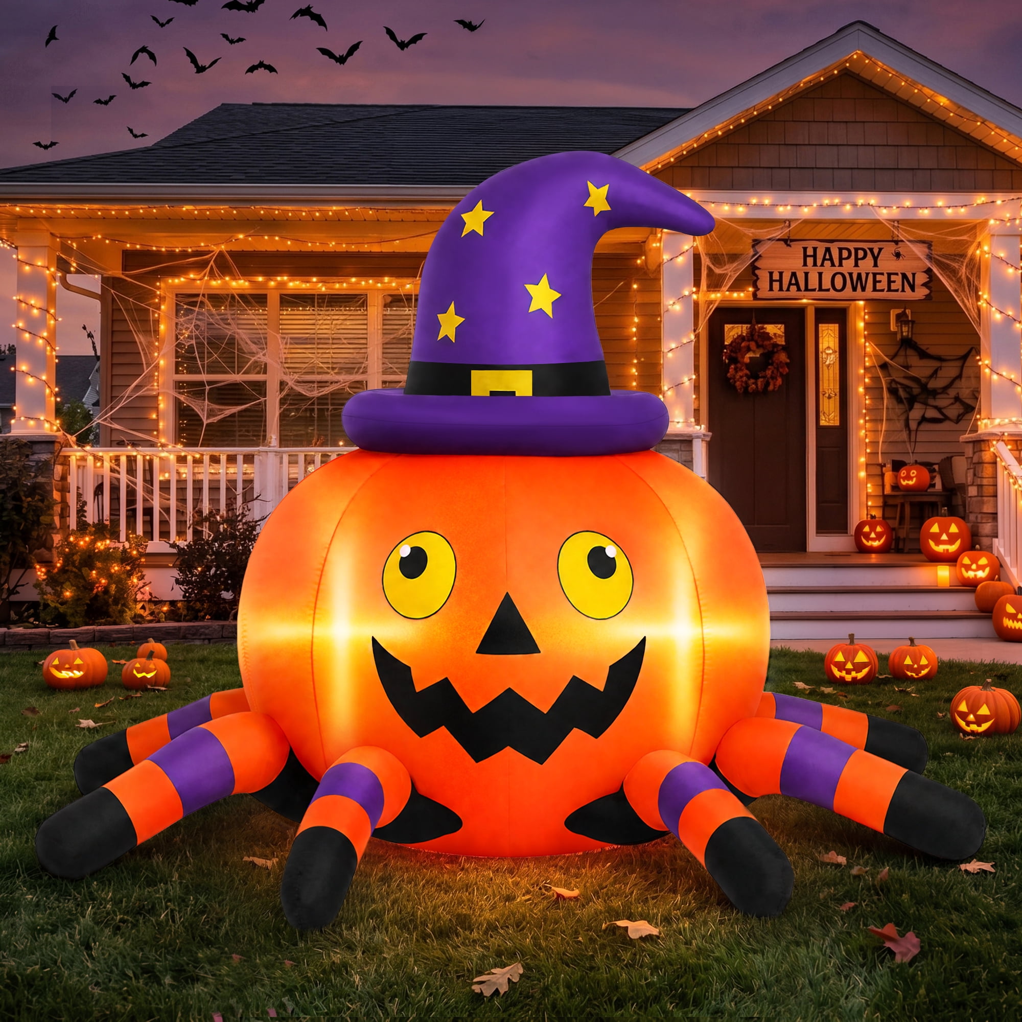 Firstness 6.2FT Halloween Inflatable Decorations Pumpkin Spider with LED Lights, Halloween Blow Ups for Yard