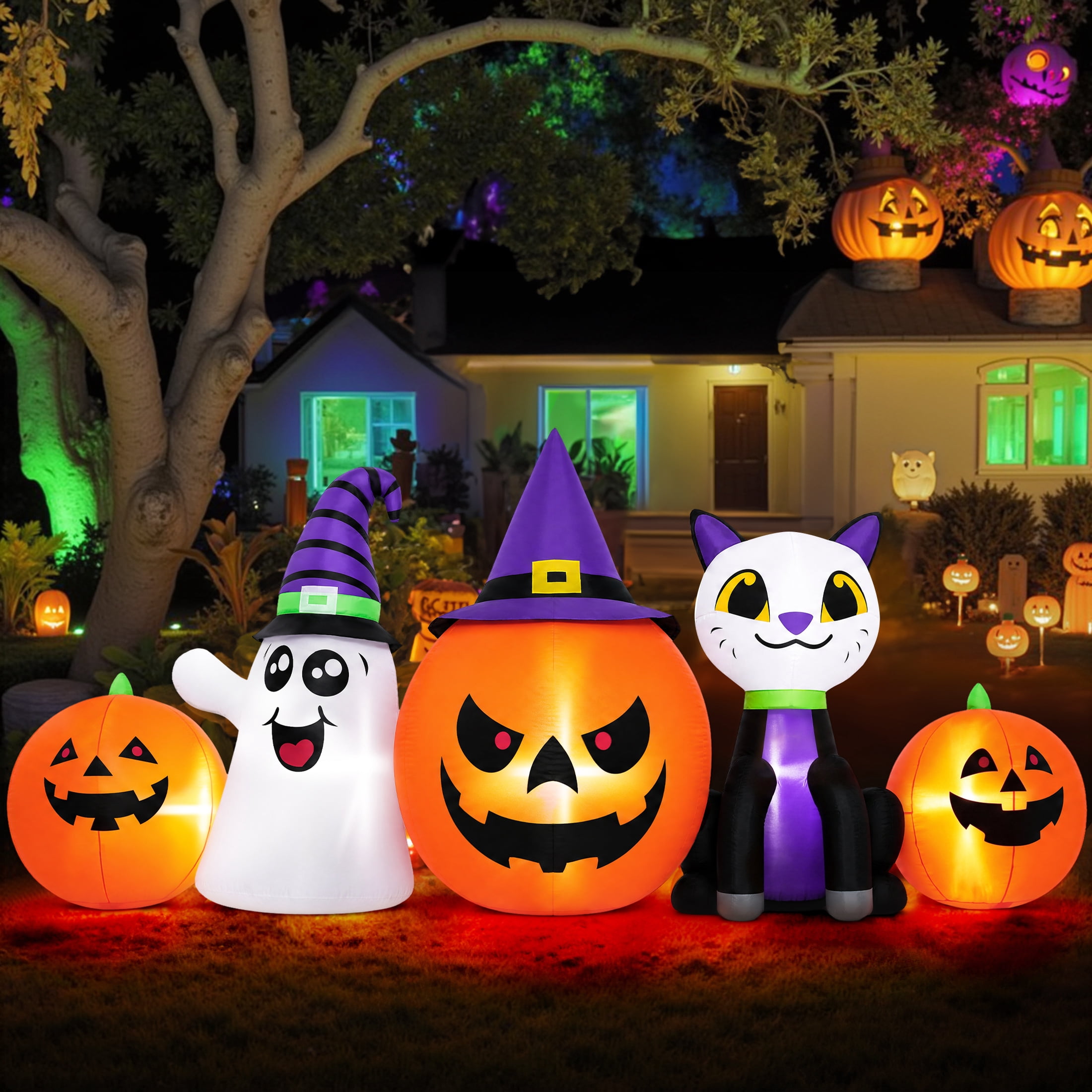 Firstness 8FT Halloween Inflatable Pumpkins Ghost Cat with Lights,Blow ups Outdoor Decorations for Yard