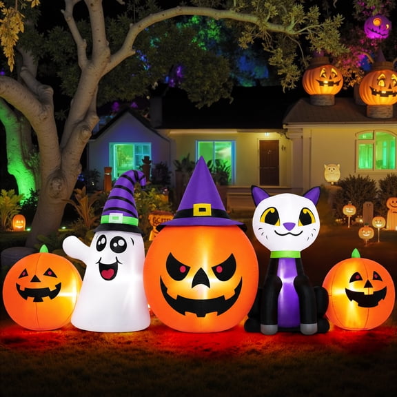 Firstness 8FT Halloween Inflatable Pumpkins Ghost Cat with Lights,Blow ups Outdoor Decorations for Yard
