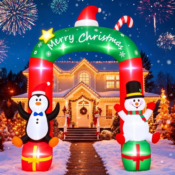 Firstness 9ft Christmas Inflatables Archway Snowman Penguin Gift Boxes Blow ups Xmas Decor with LED Light for Outdoor Yard Decoration
