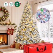 Firstness 9ft Pre-Lit Artificial Christmas Tree with 1900 Branches,11 lighting Mode Snow Flocked Xmas Tree with Storage Bag