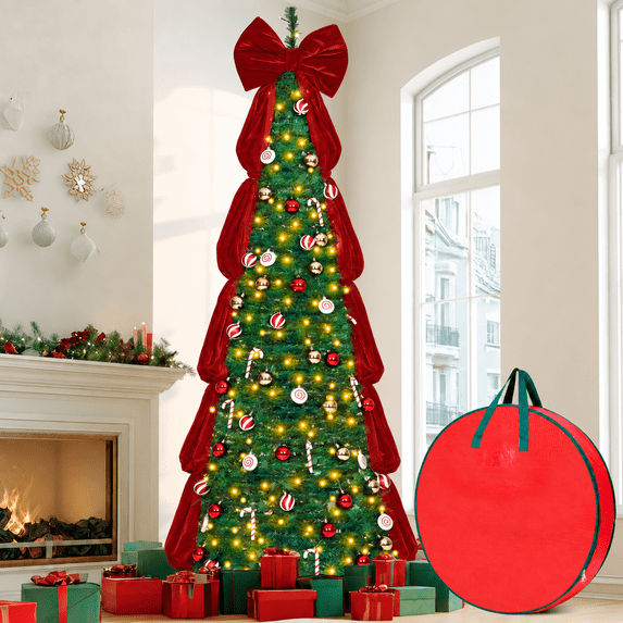 Firstness Christmas Tree 7.5FT, Pop up Pre Decorated Pre Lit Artificial Xmas Tree with 350 LED Lights, Large Bow & Ornaments, Lighted Christmas Tree with Storage Bag, Easy Installation