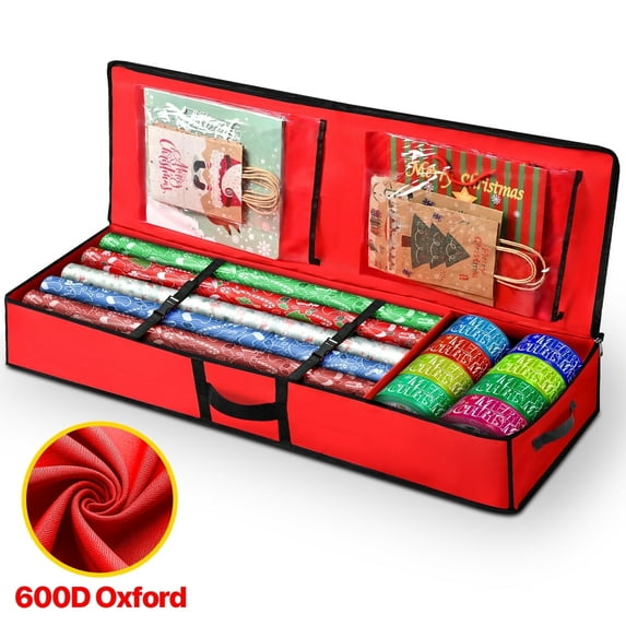 Nefoso Christmas Wrapping Paper Storage Organizer, Gift Wrapping Storage 40" 600D Oxford Fabric with Flexible Partitions and Pockets, Ornaments Holiday Accessories Red
