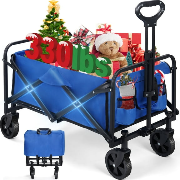 Firstness Collapsible Wagon Cart, Folding Utility Garden Wagon for Camping Beach Picnic Shopping Sports & Grocery, Blue