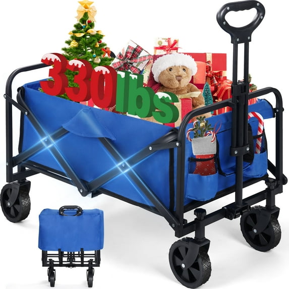 Firstness Collapsible Foldable Wagon, Beach Cart Large Capacity, Heavy Duty Folding Wagon Portable, Collapsible Wagon for Sports, Shopping, Camping, Blue