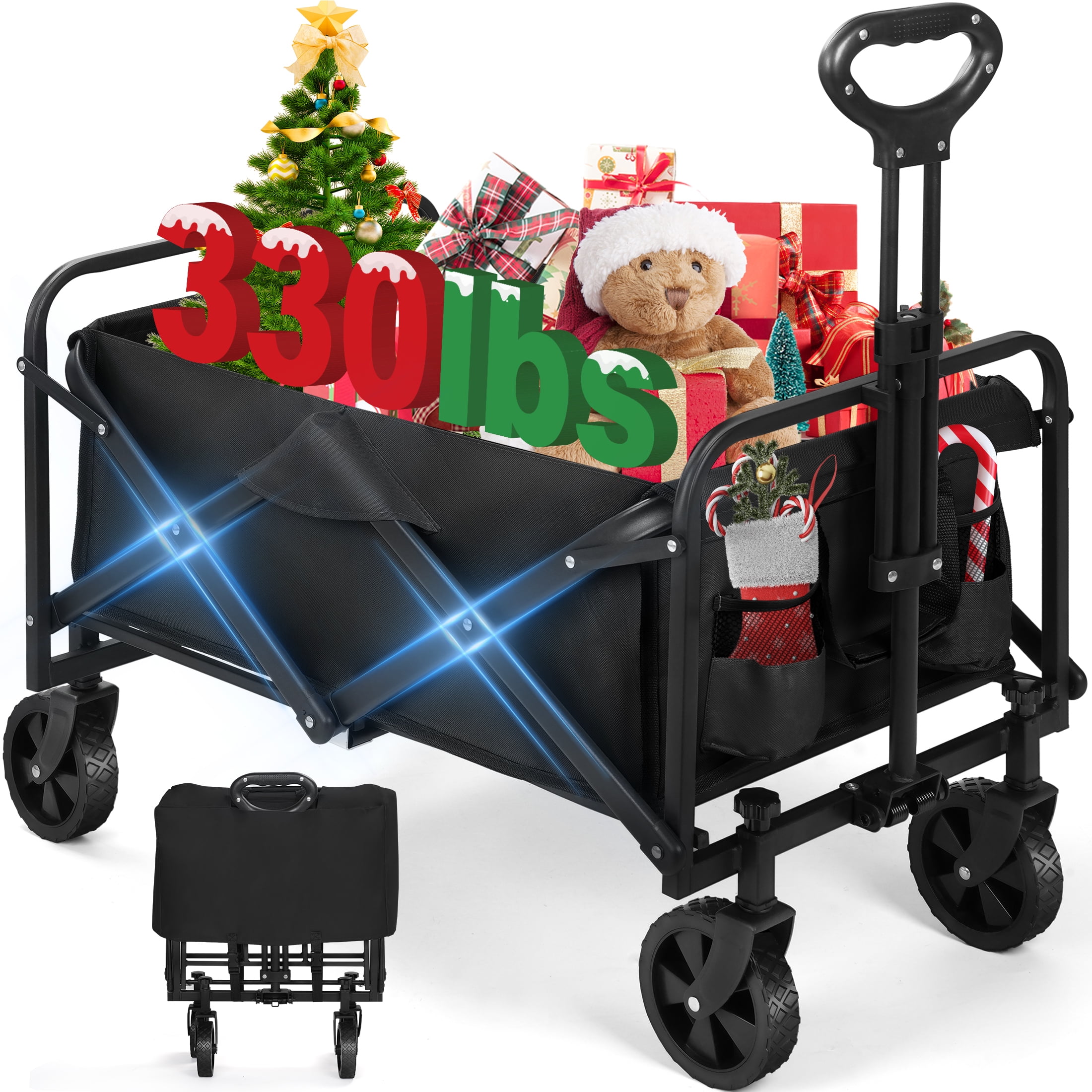 Firstness Collapsible Wagon Cart, Folding Utility Garden Wagon for Camping Beach Picnic Shopping Sports & Grocery, Black