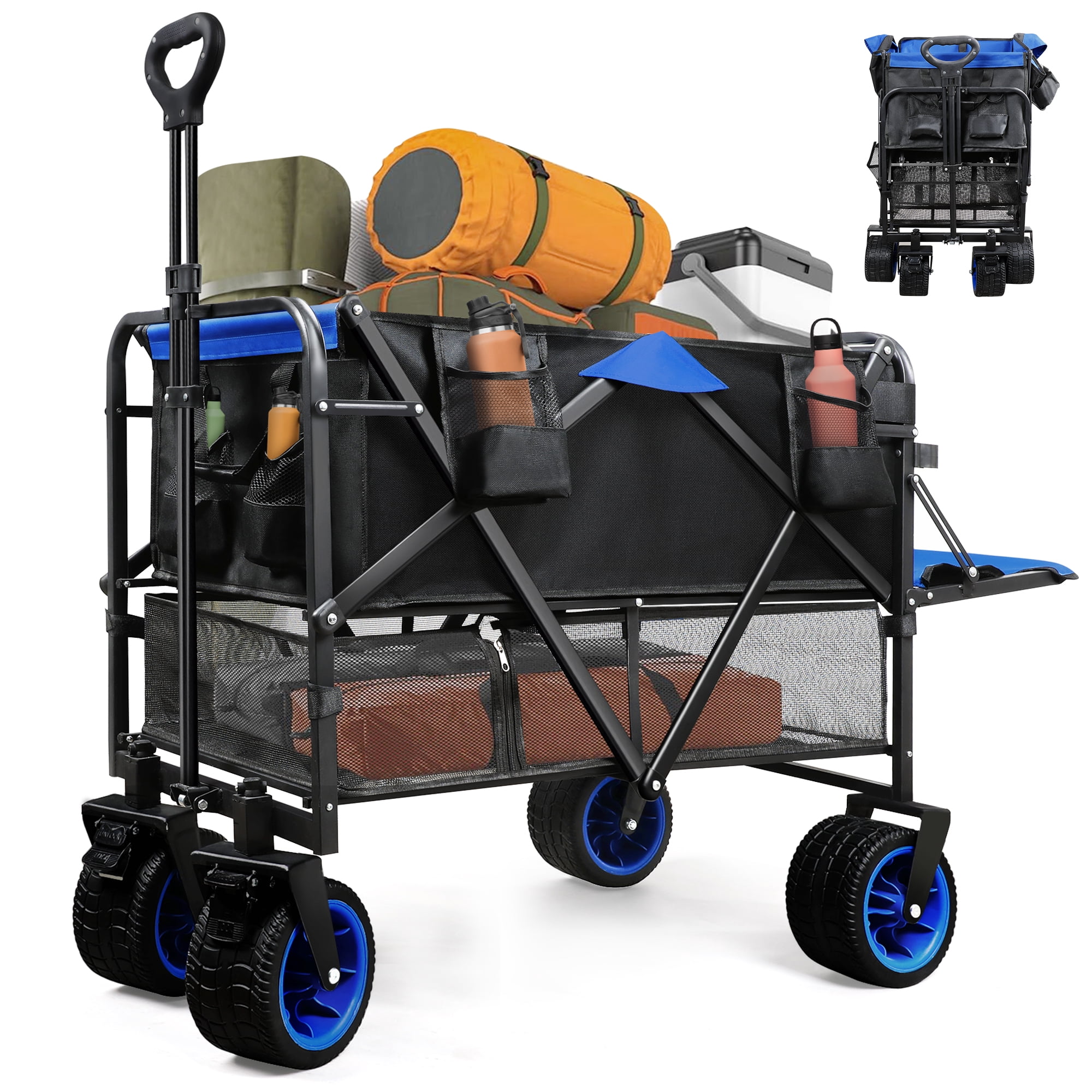 Firstness Double Decker Folding Wagon Cart, Collapsible Heavy Duty Utility Wagon with Openable Tailgate for Camping Picnic Beach Grocery Shopping (Black&Blue) Sansujyuku sansujyuku.com