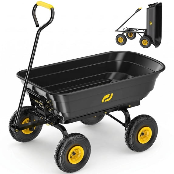 Firstness Garden Dump Cart, 600 lbs. 4 Cu. Ft. Heavy Duty Garden Wagon for Yard, Lawn & Landscaping, Yellow