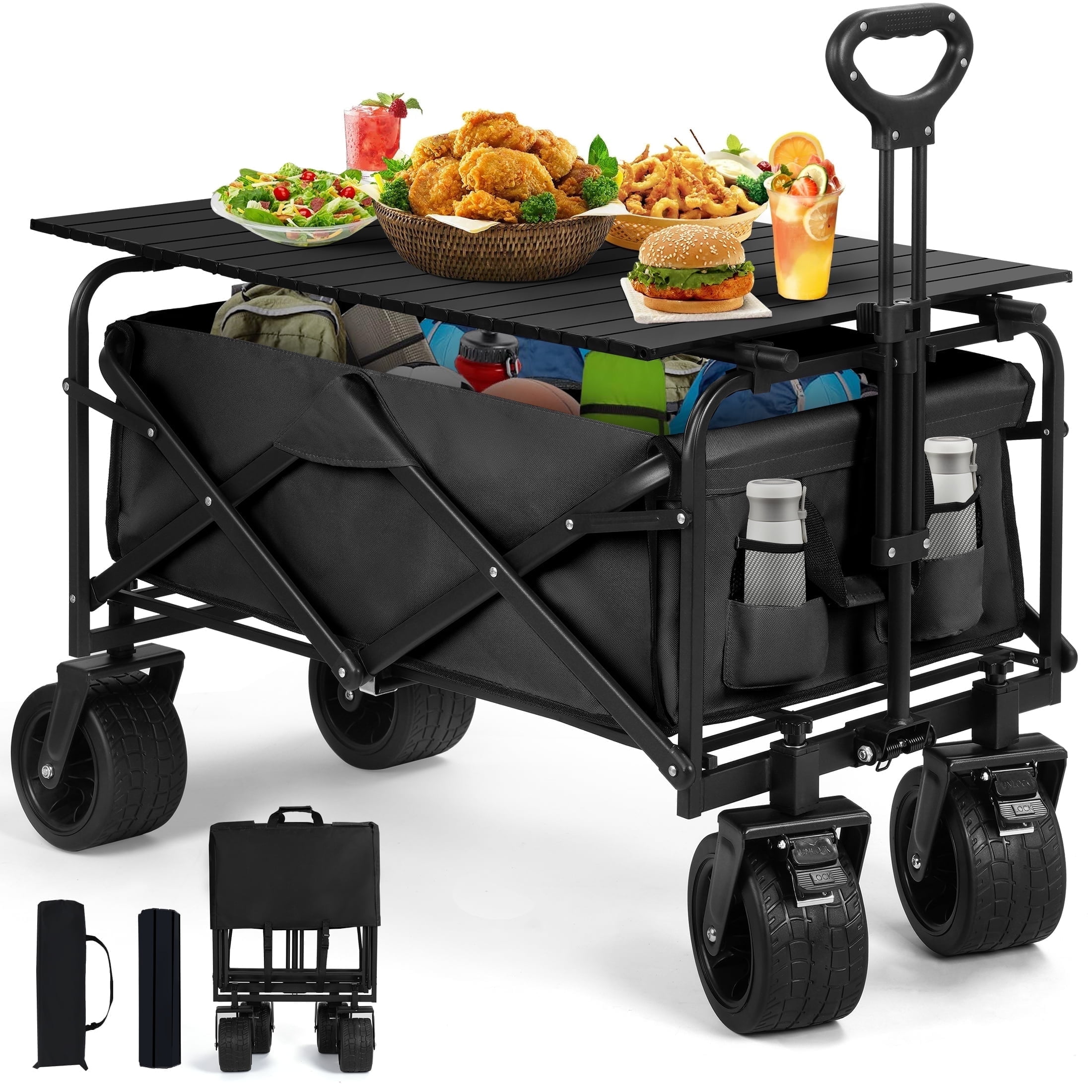 Firstness Heavy Duty Collapsible Wagon Cart with Tabletop, Foldable Utility Wagon for Camping, Picnics, Beach Trips, Outdoor Events and Shopping, Black