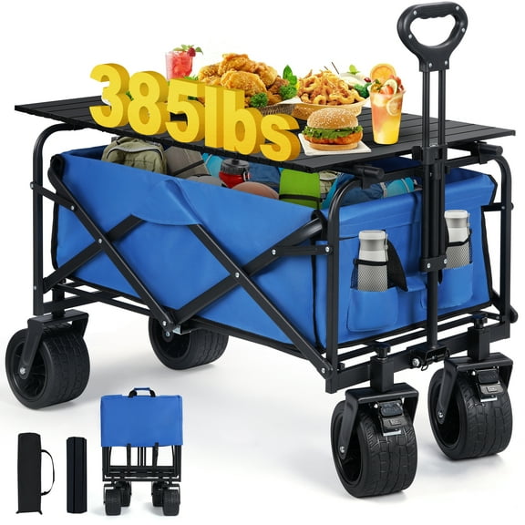Firstness Collapsible Wagon Cart with Tabletop, 385 lbs Heavy Duty Utility Garden Wagon for Camping, Beach, Picnic, Sports, Shopping & Grocery, Blue