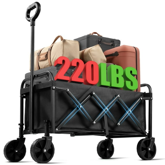 Firstness Collapsible Wagon Cart, Folding Utility Garden Wagon for Camping Beach Picnic Shopping Sports & Grocery, Black