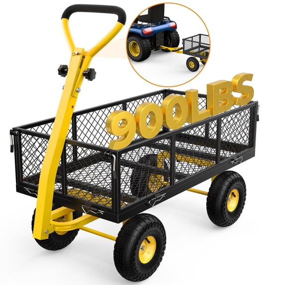 Firstness Heavy Duty Garden Cart, 900 lbs Capacity Garden Wagon with ATV/Tractor Hitch & Removable Sides, Black
